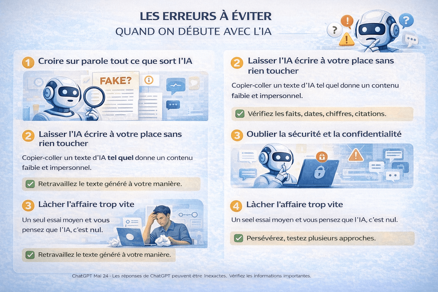 Une infographie qui résume les erreurs courantes à éviter avec l’IA et leurs solutions