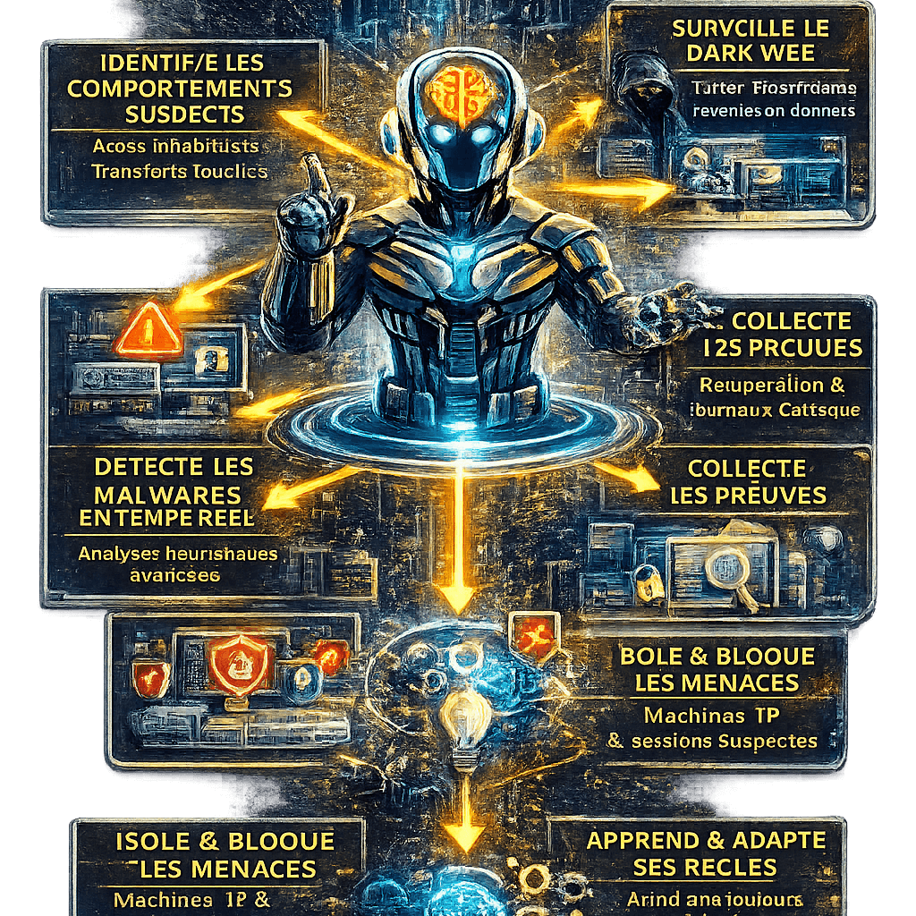 Infographie verticale montrant un agent ia de cybersécurité qui détecte les menaces en temps réel, surveille le dark web, isole les machines et bloque les attaques automatiquement.