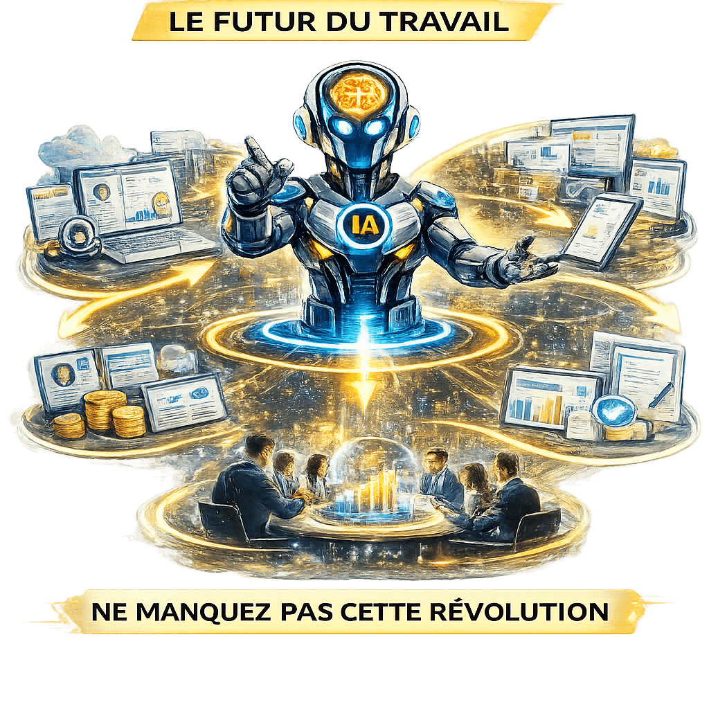 Illustration montrant un agent ia au centre d’un environnement professionnel, connecté à des outils et tableaux de bord, symbolisant l’automatisation intelligente et le futur du travail.