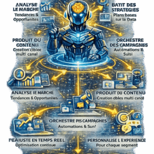 Illustration d’un agent ia marketing analysant le marché, créant du contenu et orchestrant des campagnes automatisées multicanales en temps réel.