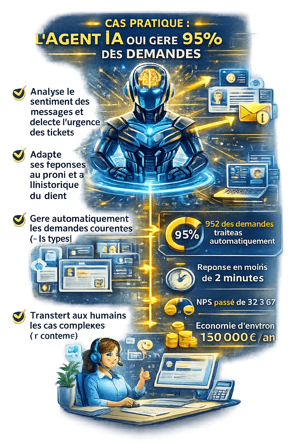 Infographie verticale montrant un agent ia de support client SaaS qui analyse l’urgence, répond automatiquement à 95% des tickets et transfère les cas complexes à un humain.
