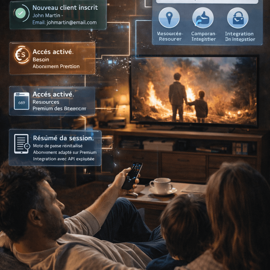 Homme regardant la télévision avec sa famille pendant qu’un agent IA gère automatiquement l’inscription d’un client, l’activation d’un compte et les réponses aux demandes sur des interfaces numériques affichées à l’écran.