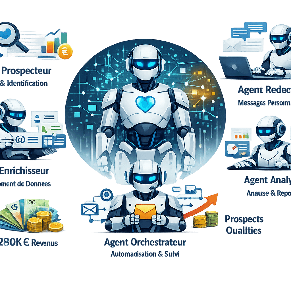 Illustration d’une infrastructure d’agents IA avec un agent central orchestrant plusieurs agents spécialisés : prospection, enrichissement de données, rédaction de messages, analyse et automatisation de la relation client.