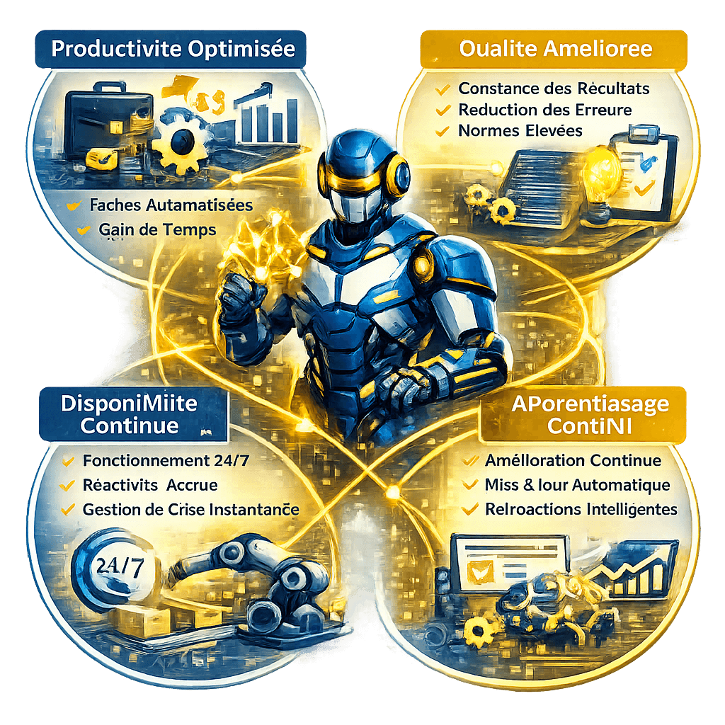 Illustration montrant les avantages stratégiques d’un agent IA en entreprise avec productivité améliorée, qualité accrue et automatisation intelligente.