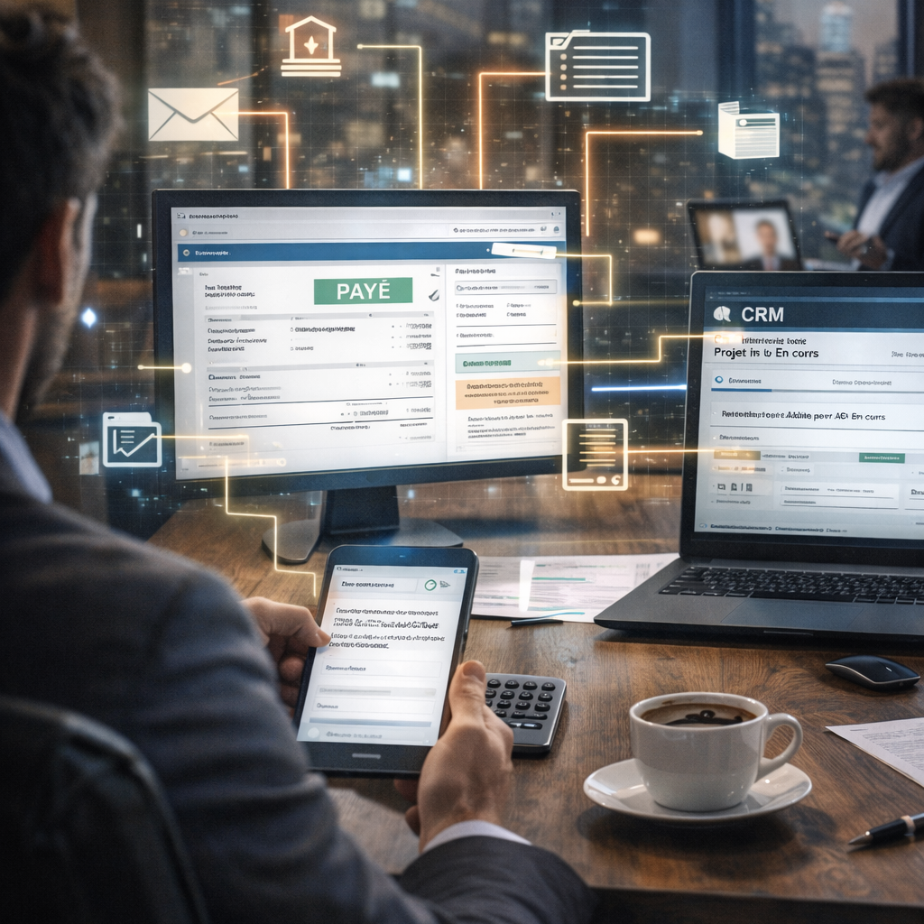 Professionnel en réunion recevant une notification de paiement pendant que son système automatisé met à jour la facturation, le CRM et les tableaux de bord financiers sur plusieurs écrans.