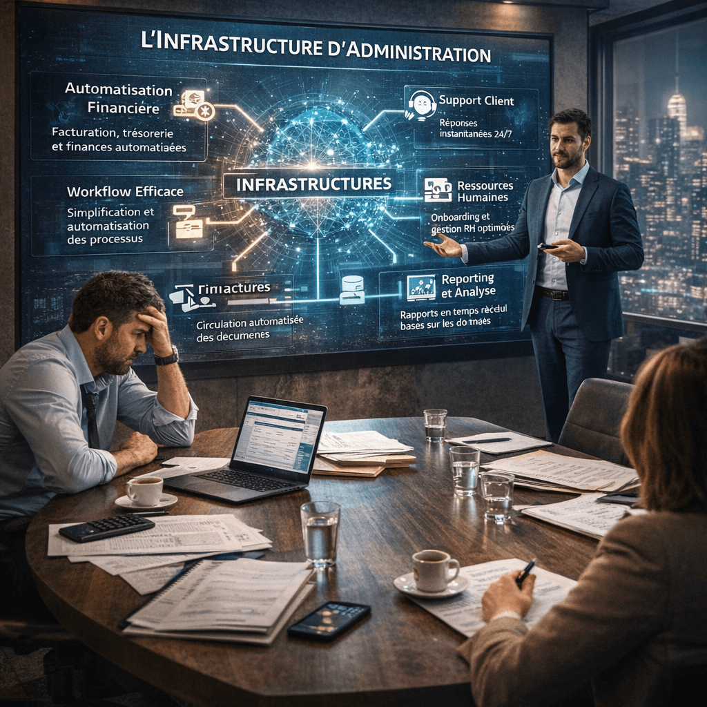 Réunion d’entreprise montrant un entrepreneur fatigué écoutant une présentation sur une infrastructure d’administration moderne avec automatisation financière, support client, ressources humaines et reporting sur écran numérique.