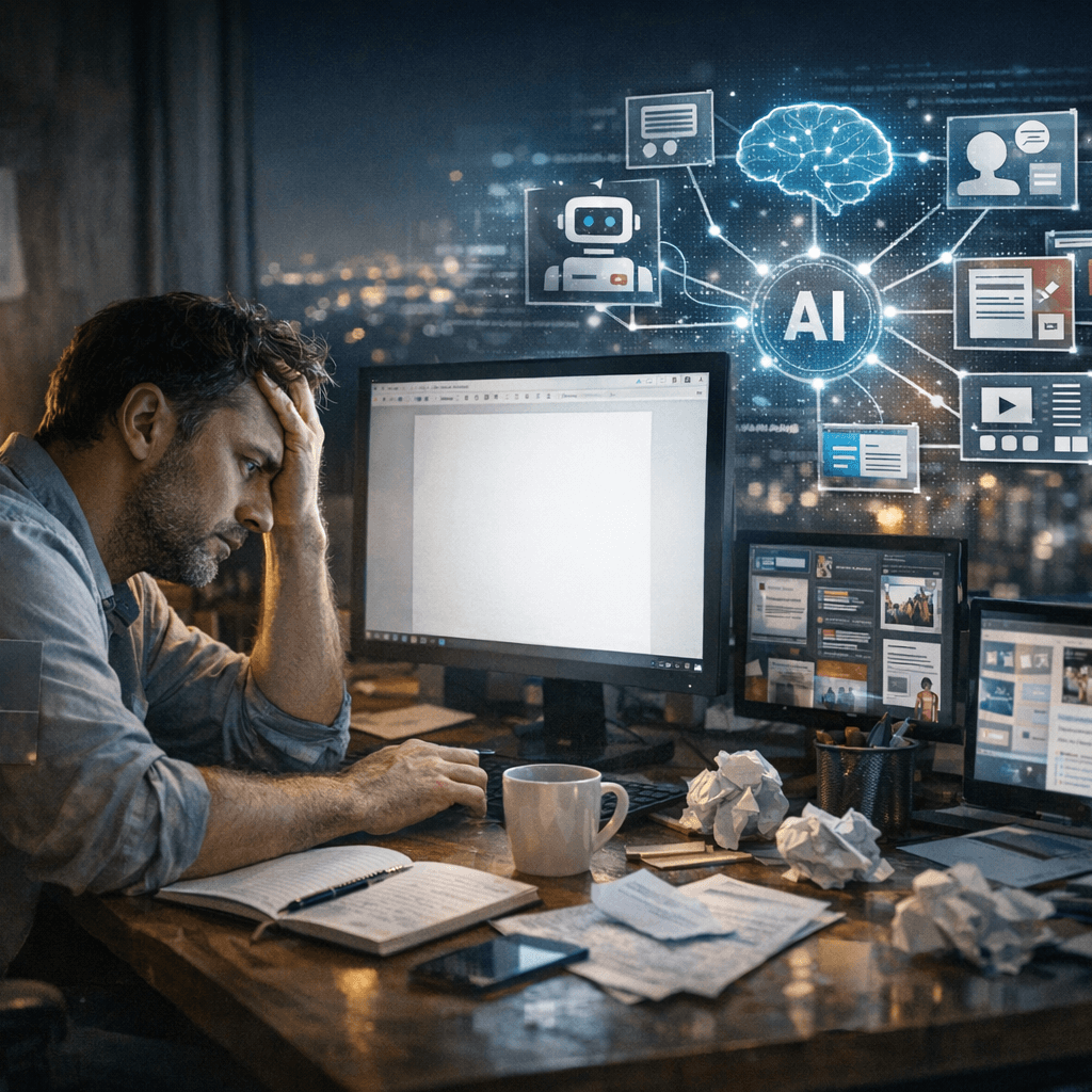 Un créateur de contenu travaille tard dans la nuit devant un écran vide, illustrant le syndrome de la page blanche, tandis qu’une interface d’intelligence artificielle apparaît autour de lui pour symboliser une infrastructure de contenu automatisée.