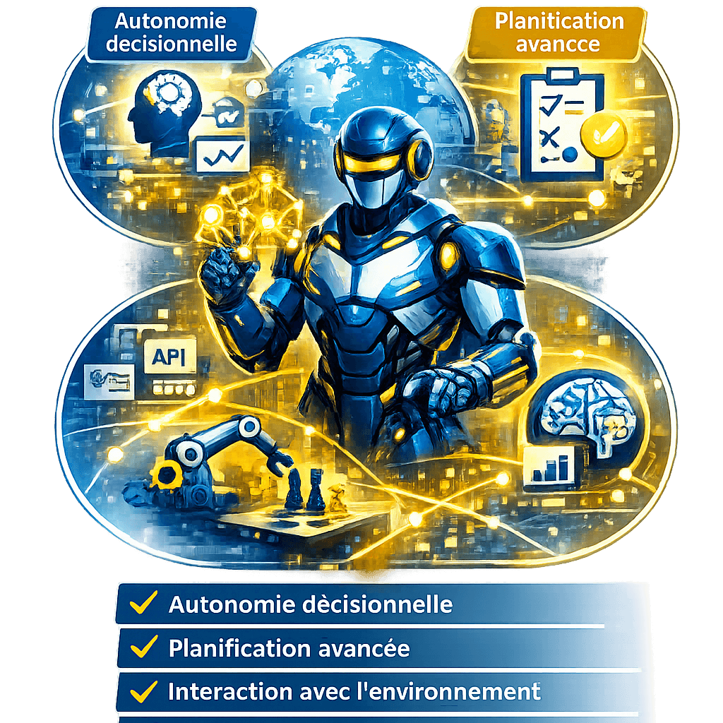 Illustration expliquant les fondamentaux d’un agent IA autonome avec autonomie décisionnelle, planification et apprentissage continu.