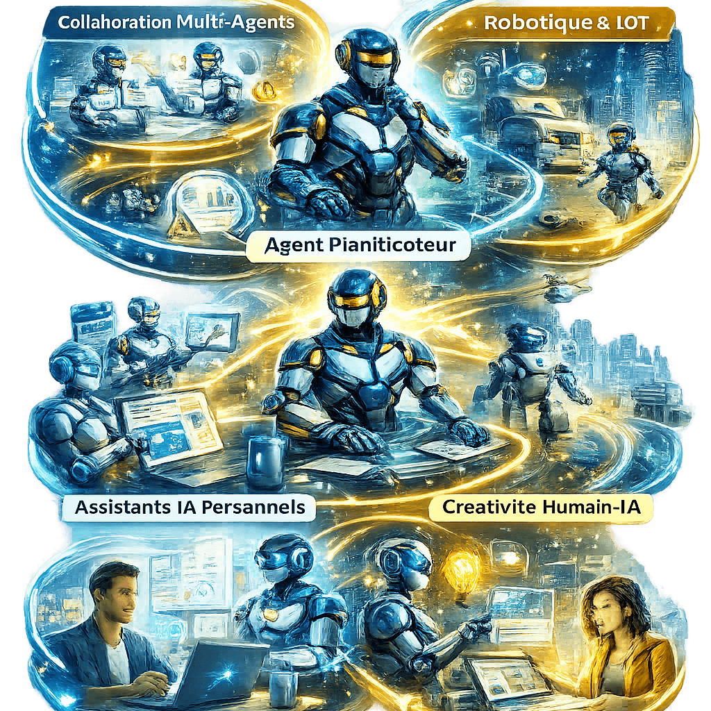Illustration du futur des agents IA avec collaboration multi-agents, robots intelligents et assistants IA personnels autonomes.