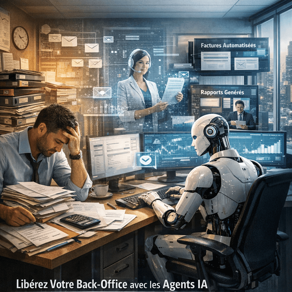 Employé débordé par des tâches administratives pendant qu’un agent d’intelligence artificielle automatise la facturation, les emails et les rapports dans un bureau moderne