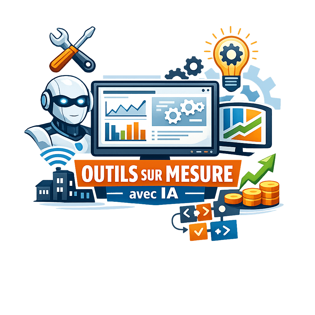 Illustration vectorielle représentant un robot d’intelligence artificielle à côté d’un écran affichant des graphiques et des engrenages, entouré d’icônes d’outils, d’ampoule et de croissance financière, symbolisant la création d’outils SaaS sur mesure grâce à l’IA, sur fond transparent.