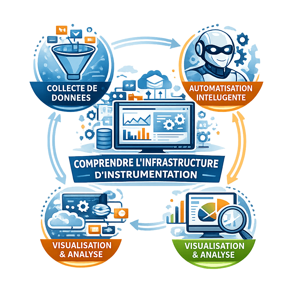 Illustration vectorielle montrant un tableau de bord central avec graphiques et engrenages, entouré de trois blocs représentant la collecte de données, l’automatisation intelligente avec un robot IA, et la visualisation & analyse via des dashboards, symbolisant une infrastructure digitale connectée et optimisée, sur fond transparent.