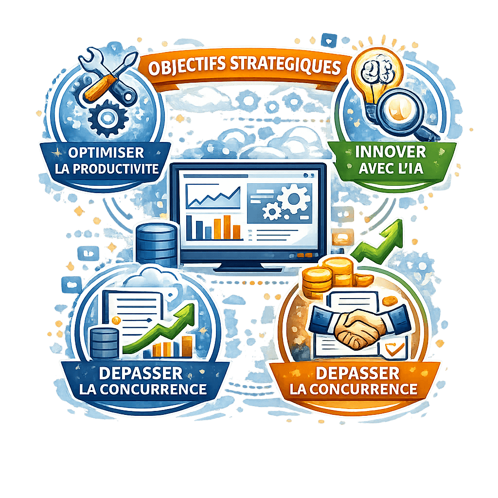 Illustration vectorielle représentant un tableau de bord central avec graphiques et engrenages, entouré d’icônes symbolisant l’optimisation de la productivité, l’innovation avec l’intelligence artificielle, la croissance et l’avantage concurrentiel, illustrant les objectifs stratégiques d’une infrastructure digitale moderne, sur fond transparent.
