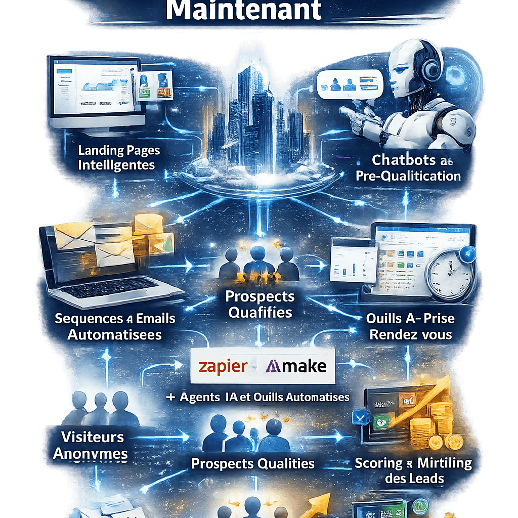 Schéma d'une infrastructure IA d'acquisition montrant les landing pages intelligentes, chatbots de qualification, emails automatisés, scoring des leads et prise de rendez-vous connectés par des agents IA.
