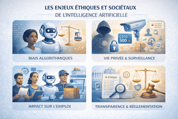 Illustration conceptuelle des enjeux éthiques de l’IA