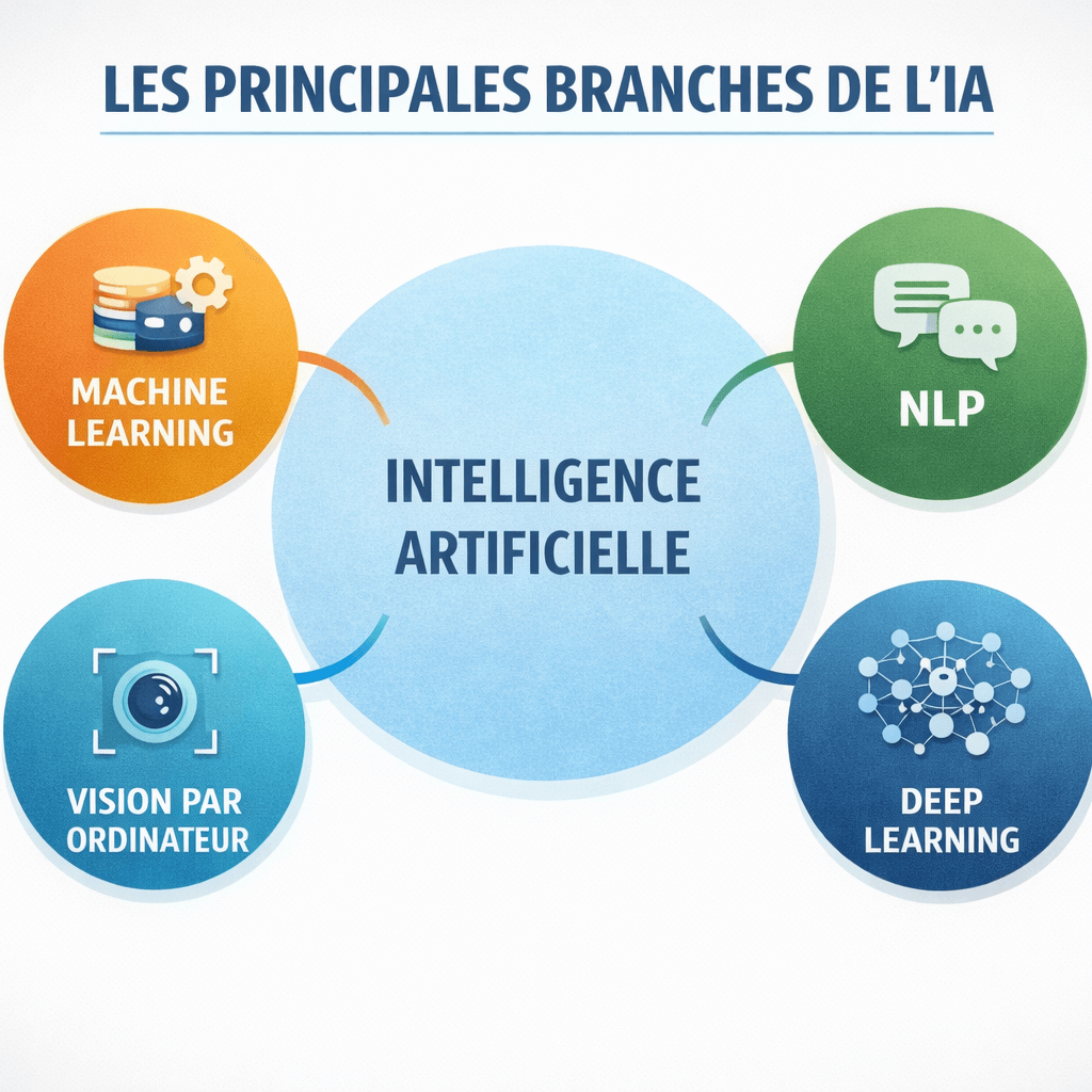 Un schéma simple qui montre les principales branches de l’IA (machine learning, deep learning, NLP, vision par ordinateur)