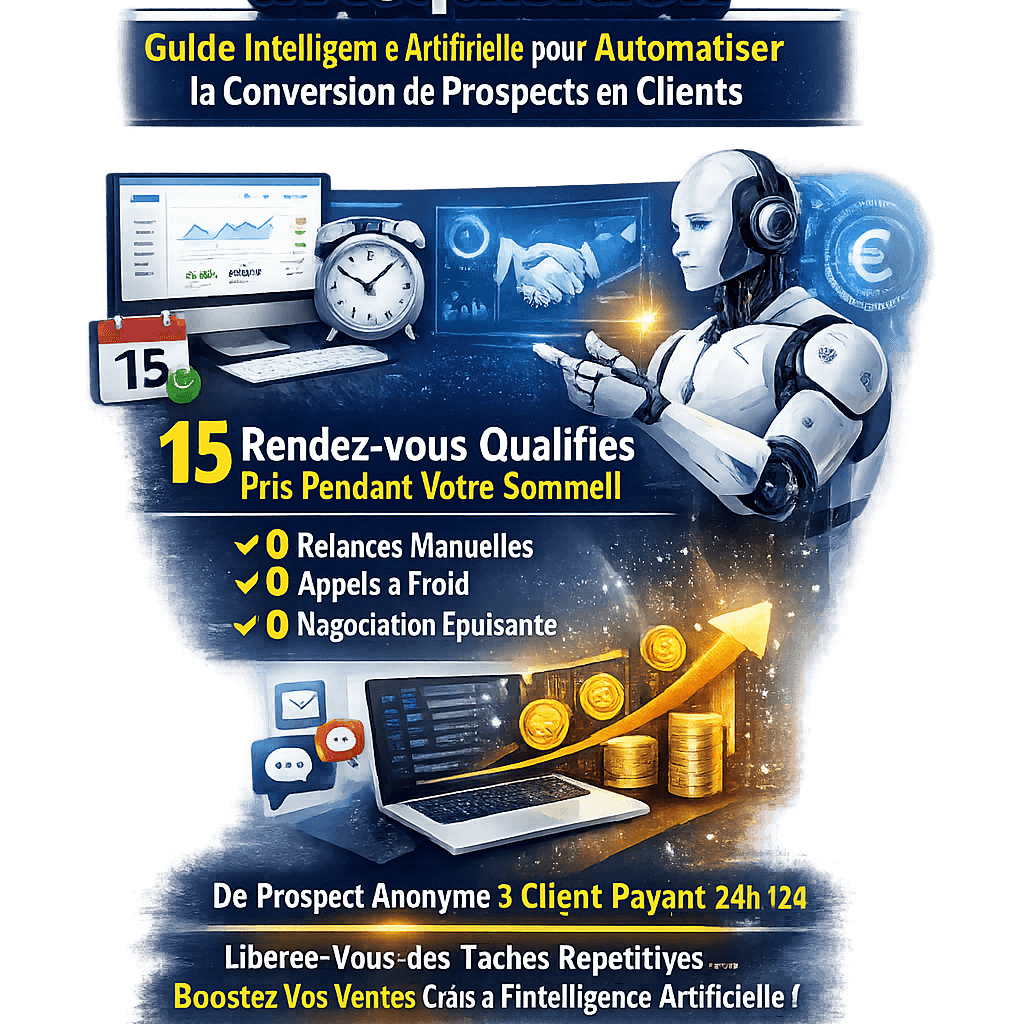 Illustration d'une infrastructure d'intelligence artificielle automatisant la génération de prospects et la conversion de leads en clients avec tableau de bord marketing et agents IA.