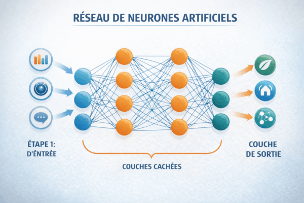 Un schéma qui montre visuellement un réseau de neurones artificiels