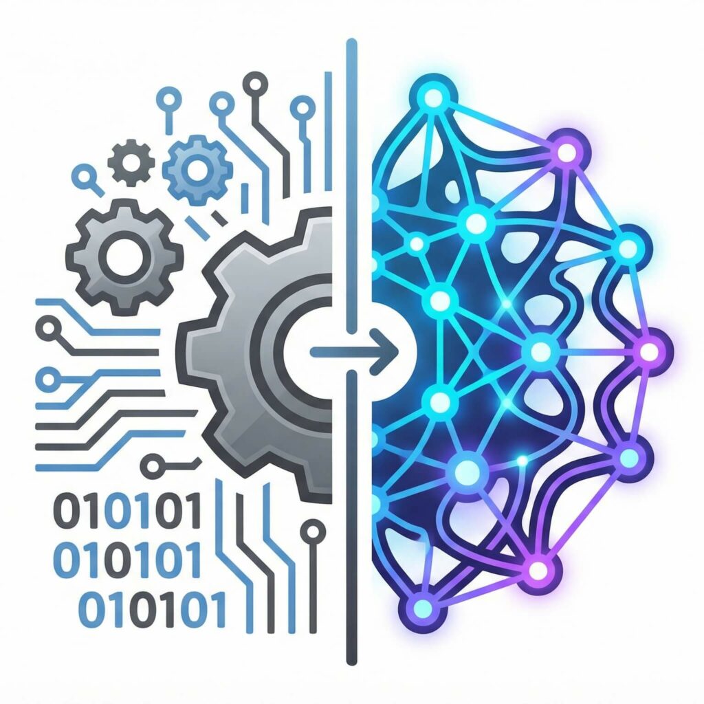Représentation visuelle d'un réseau de neurones avec des nœuds connectés. Les connexions sont plus ou moins épaisses pour symboliser les "poids" mathématiques ($w$) accordés aux informations.