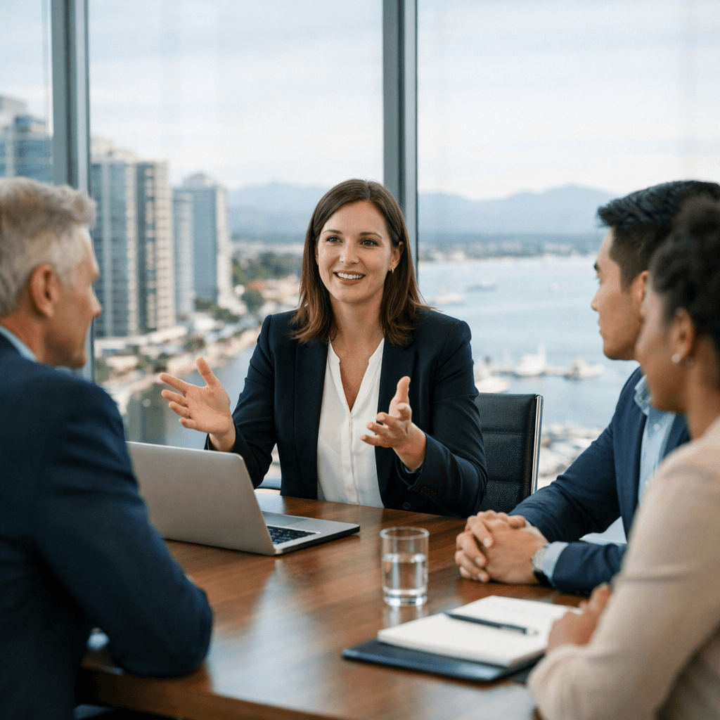 Réunion professionnelle avec vue urbaine_pulna ia